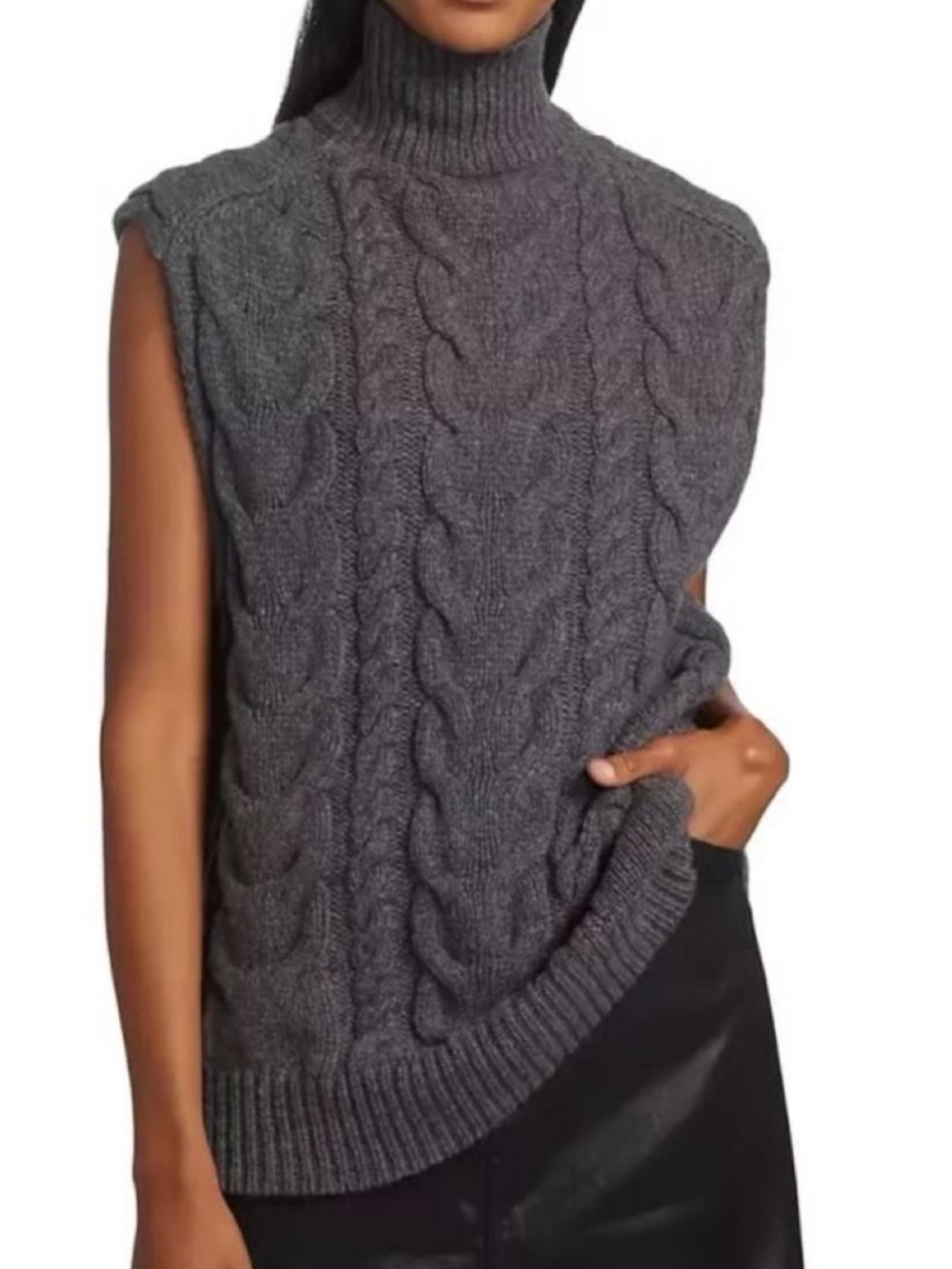 Frame Sleeveless Wool Mock Turtleneck Cable Knit Sweater Vest Dark Heather Gray